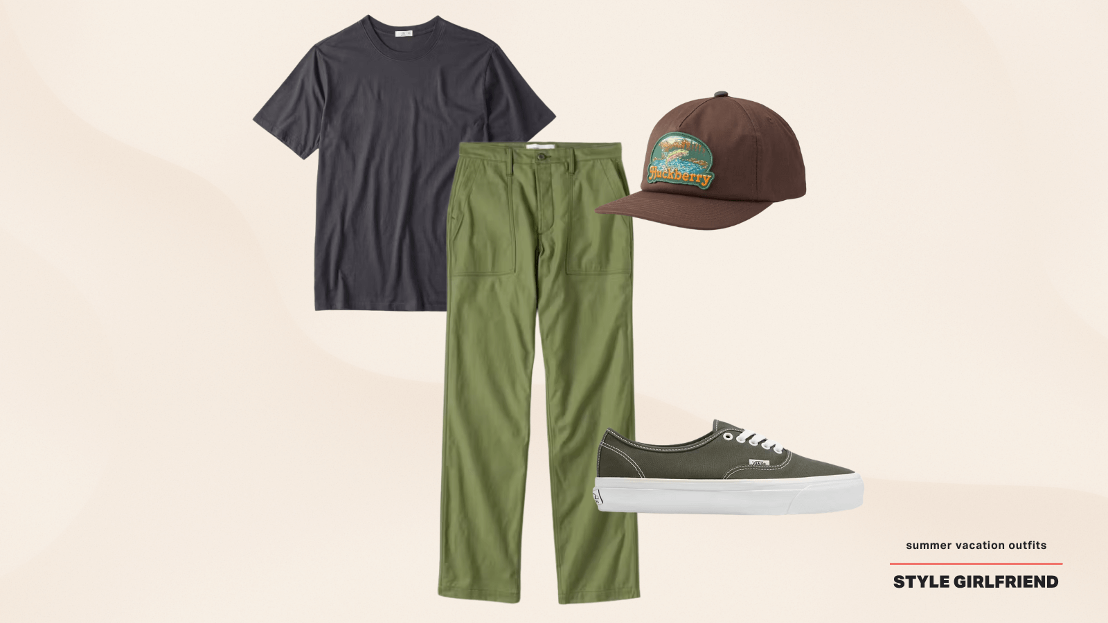 men's casual summer outfit featuring a dark tee, green fatigue pants, brown baseball cap and vans sneakers